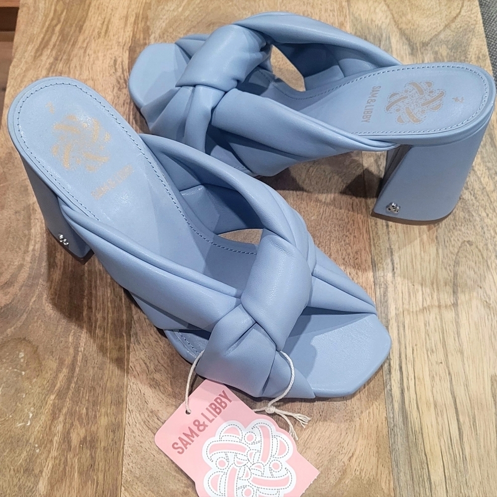 NWT |Sam & Libby | Jovanna Baby Blue Puffy Twist Knot Chunky Heel Sandal Mules